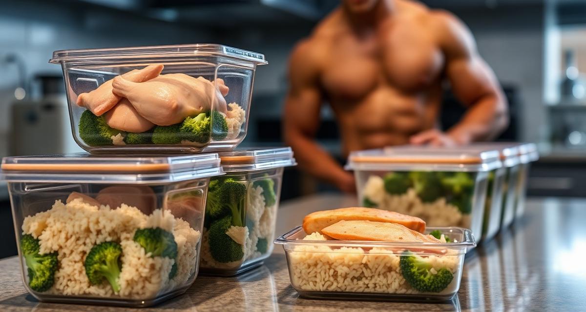 Contest prep meal containers with chicken, rice, and broccoli lined up for bodybuilding