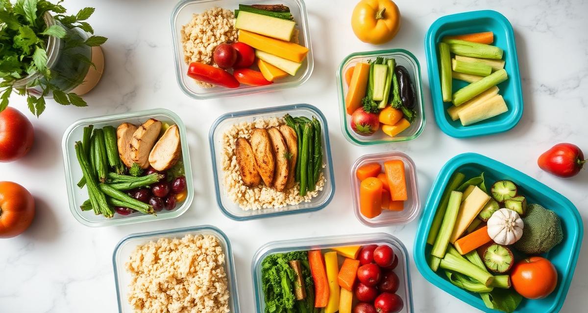 Healthy meal prep containers with chicken, rice and vegetables