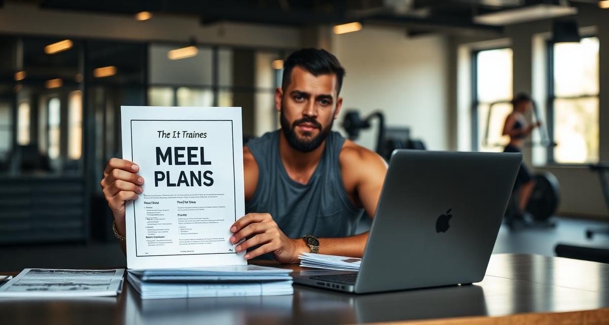 Personal trainer at desk with branded meal plans and laptop in a gym studio