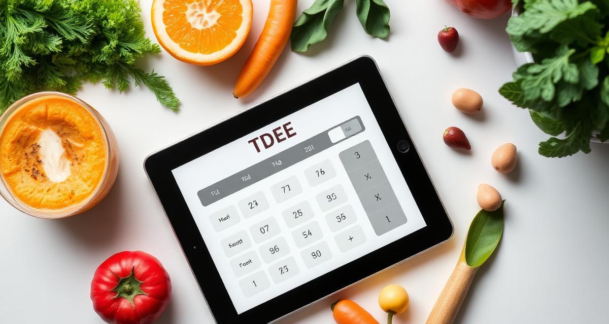 TDEE calculator on a tablet surrounded by healthy foods
