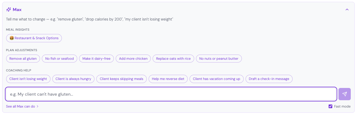 Max AI panel suggesting meal plan modifications to a coach